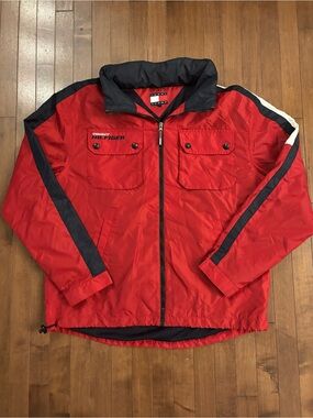 Vintage Tommy Hilfiger Red Windbreaker Jacket XL Y2K 90s Full Zip Hood Skater